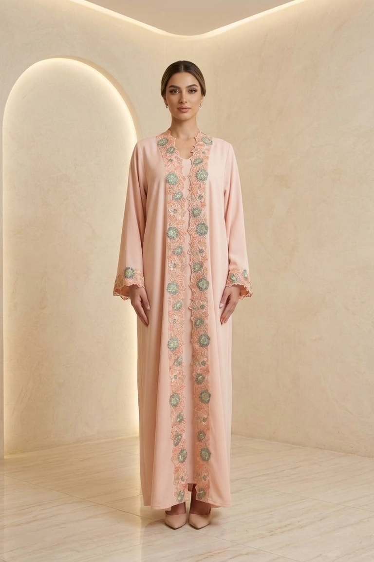 Peach Blossom Filigree Embroidered Abaya