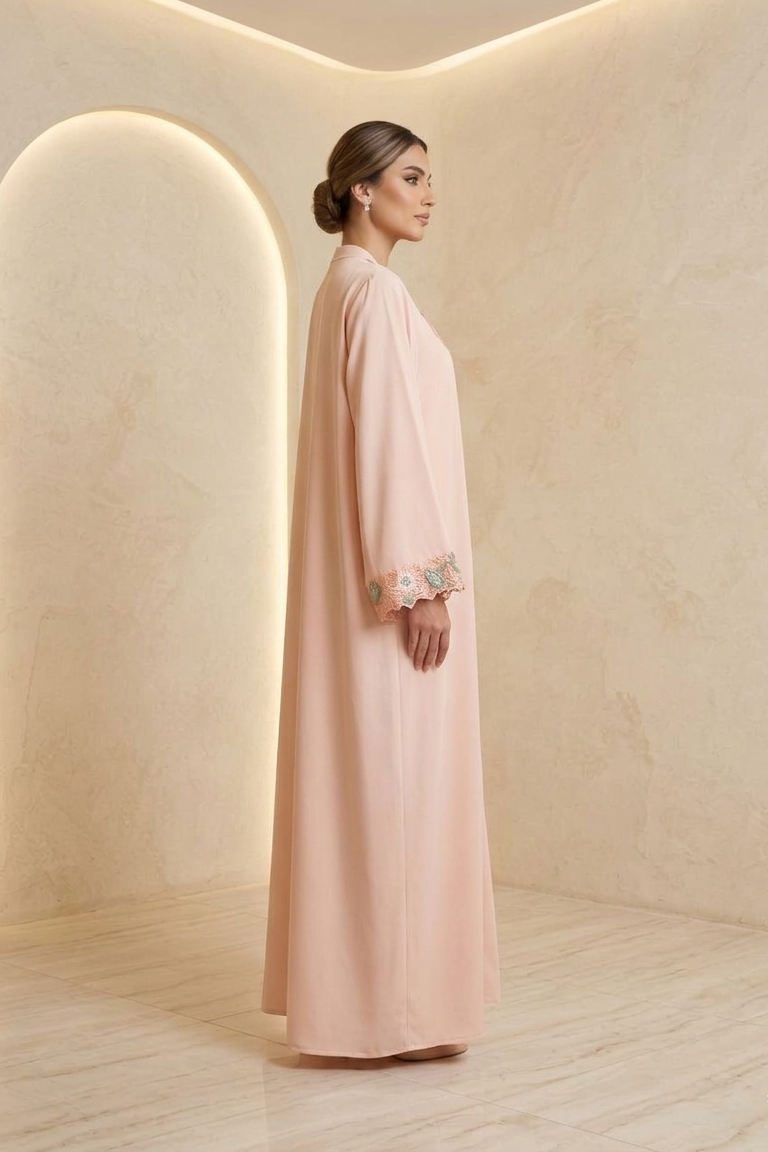 Peach Blossom Filigree Embroidered Abaya