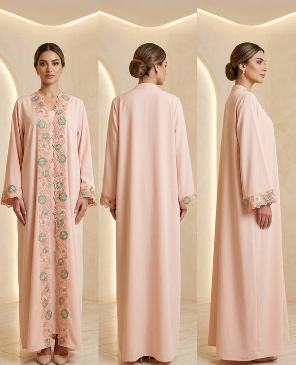 Peach Blossom Filigree Embroidered Abaya