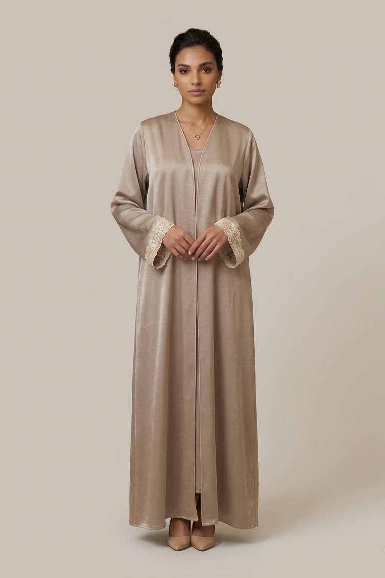 Mocha Silk Lace-Cuff Abaya