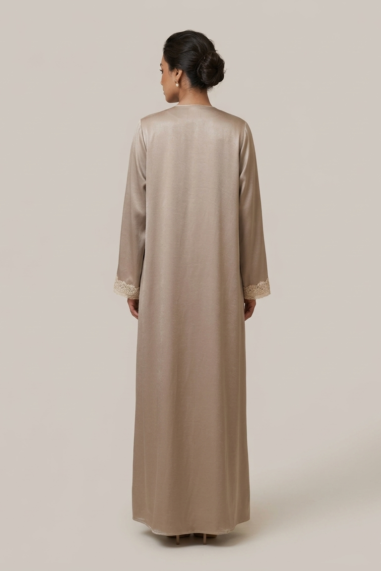 Mocha Silk Lace-Cuff Abaya