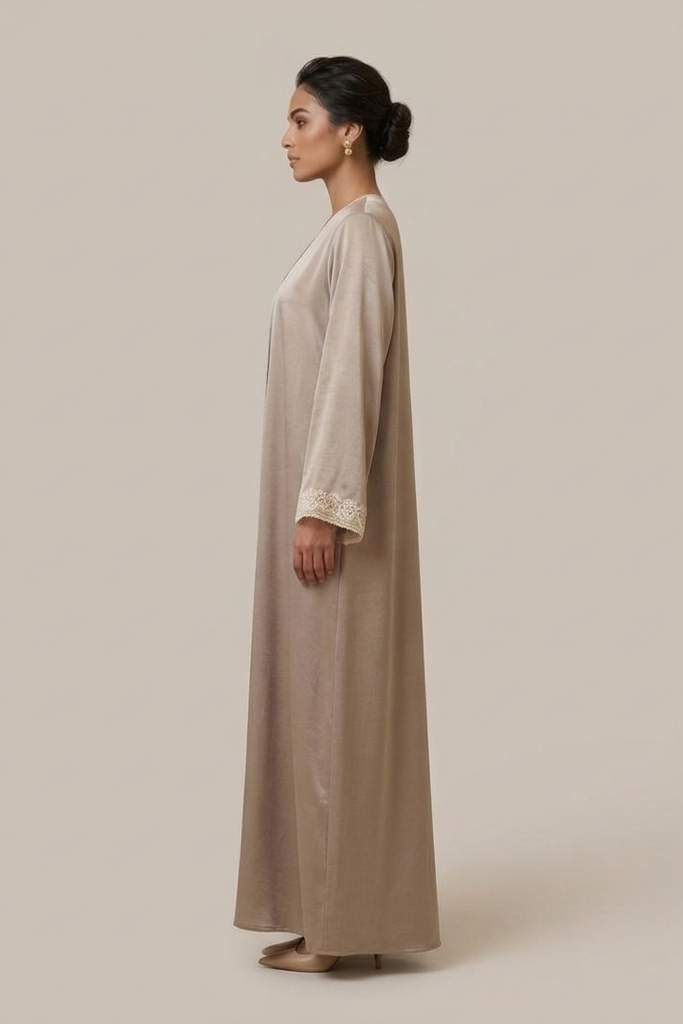 Mocha Silk Lace-Cuff Abaya