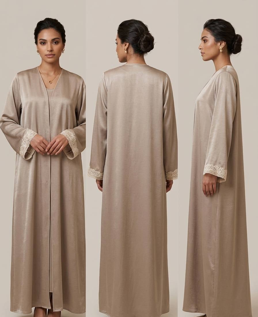 Mocha Silk Lace-Cuff Abaya