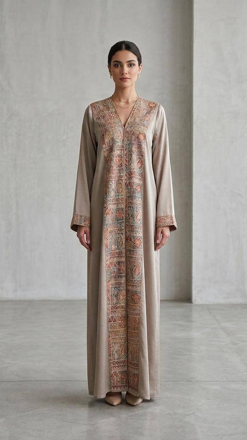 Embroidered Silk-Satin V-Neck Kaftan Abaya