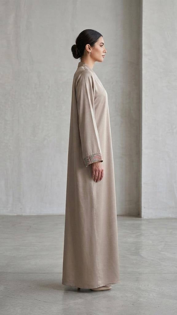 Embroidered Silk-Satin V-Neck Kaftan Abaya