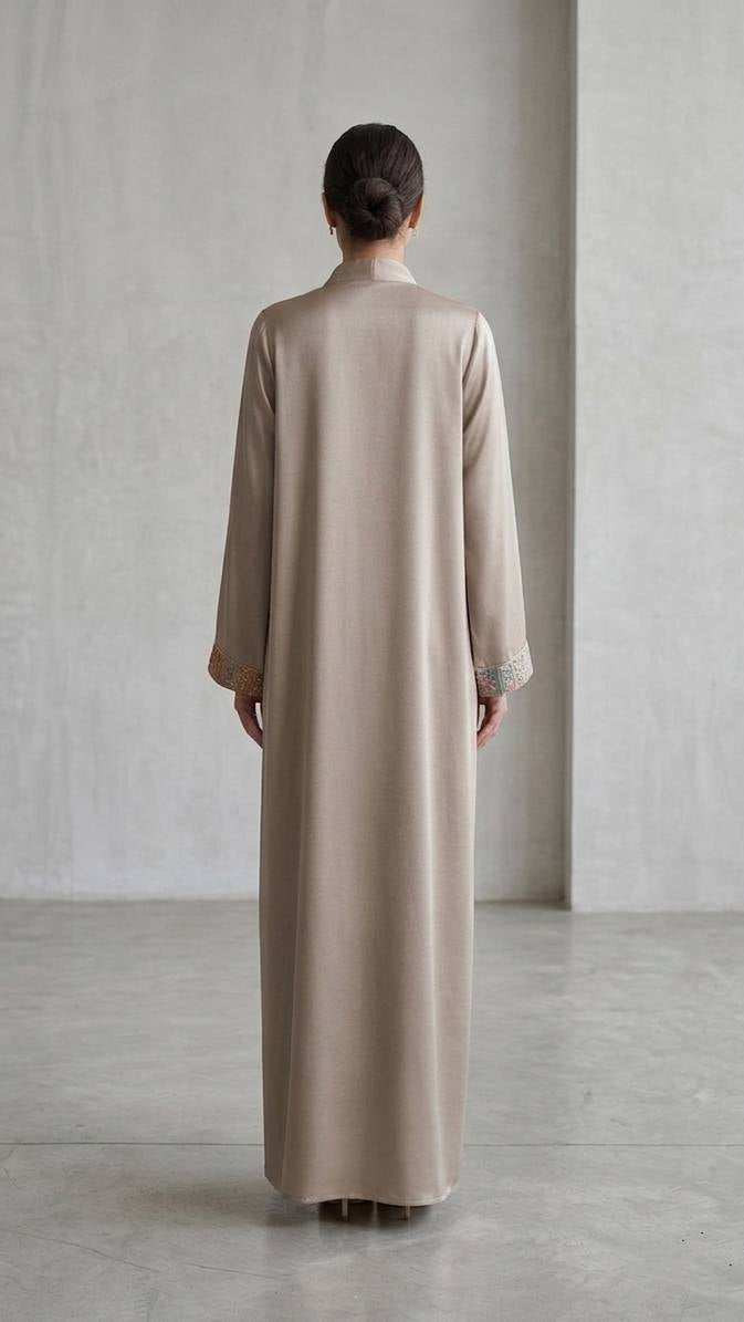 Embroidered Silk-Satin V-Neck Kaftan Abaya
