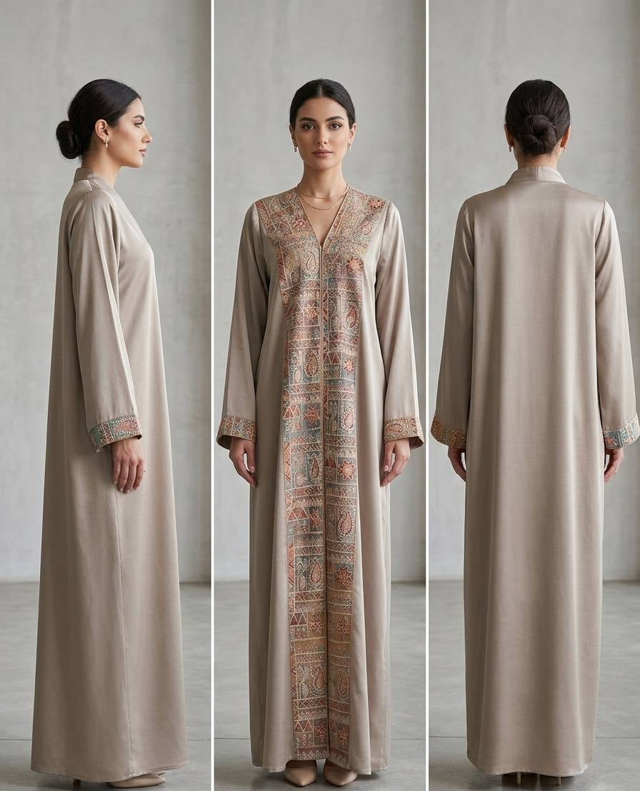 Embroidered Silk-Satin V-Neck Kaftan Abaya