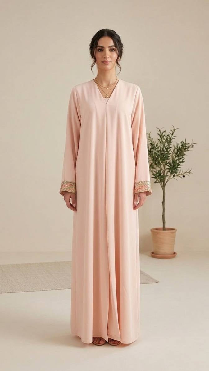 Blush Crepe Abaya with Ornate Paisley Back Panel