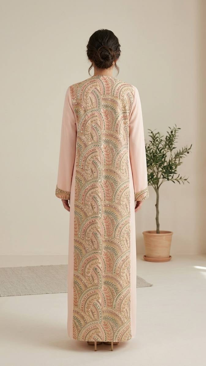Blush Crepe Abaya with Ornate Paisley Back Panel