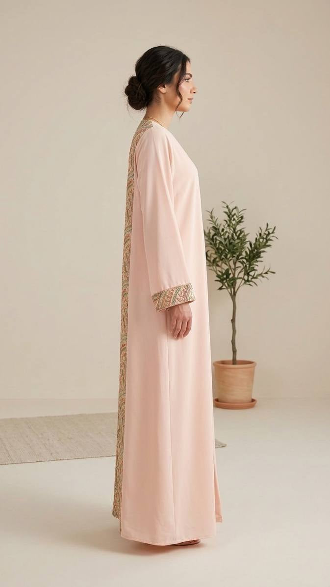 Blush Crepe Abaya with Ornate Paisley Back Panel