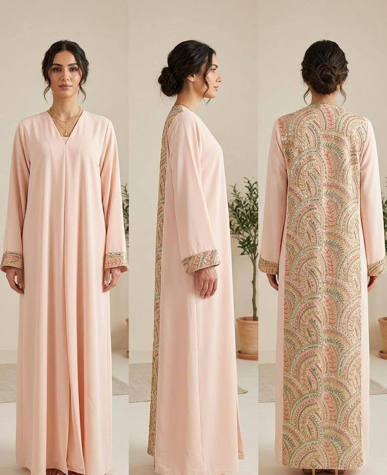 Blush Crepe Abaya with Ornate Paisley Back Panel
