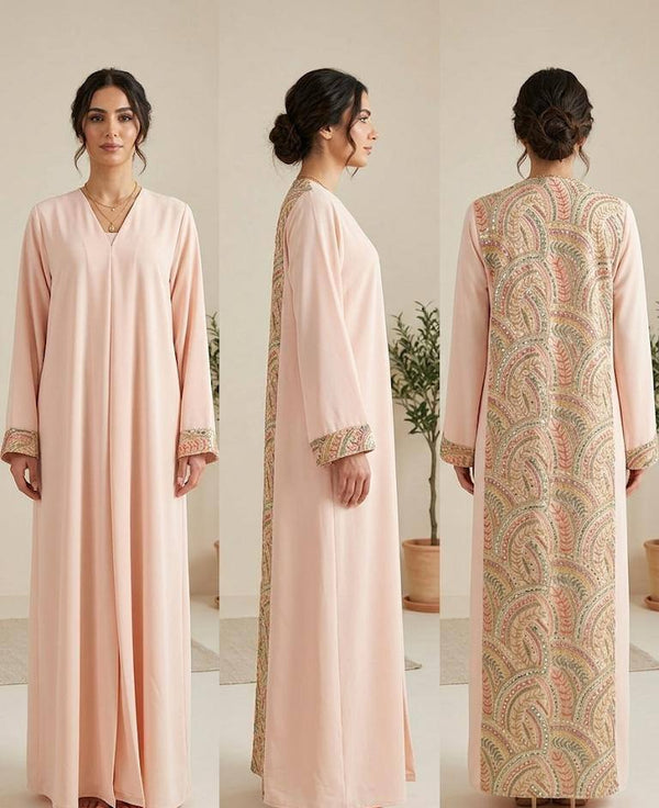 Blush Crepe Abaya with Ornate Paisley Back Panel