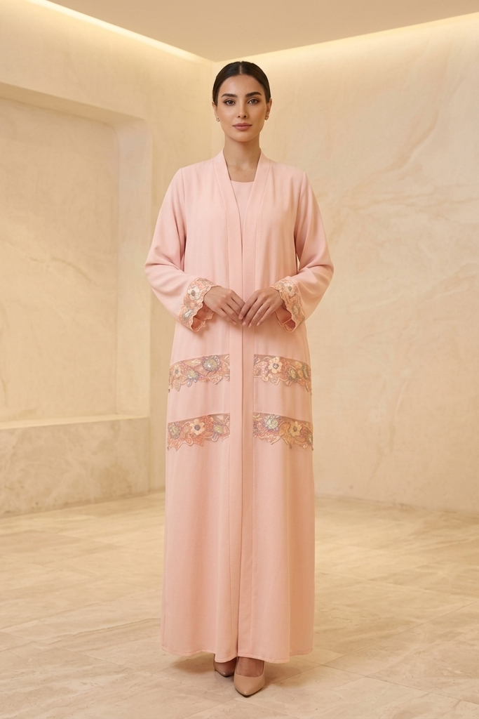 Elegant Peach Floral Embellished Abaya