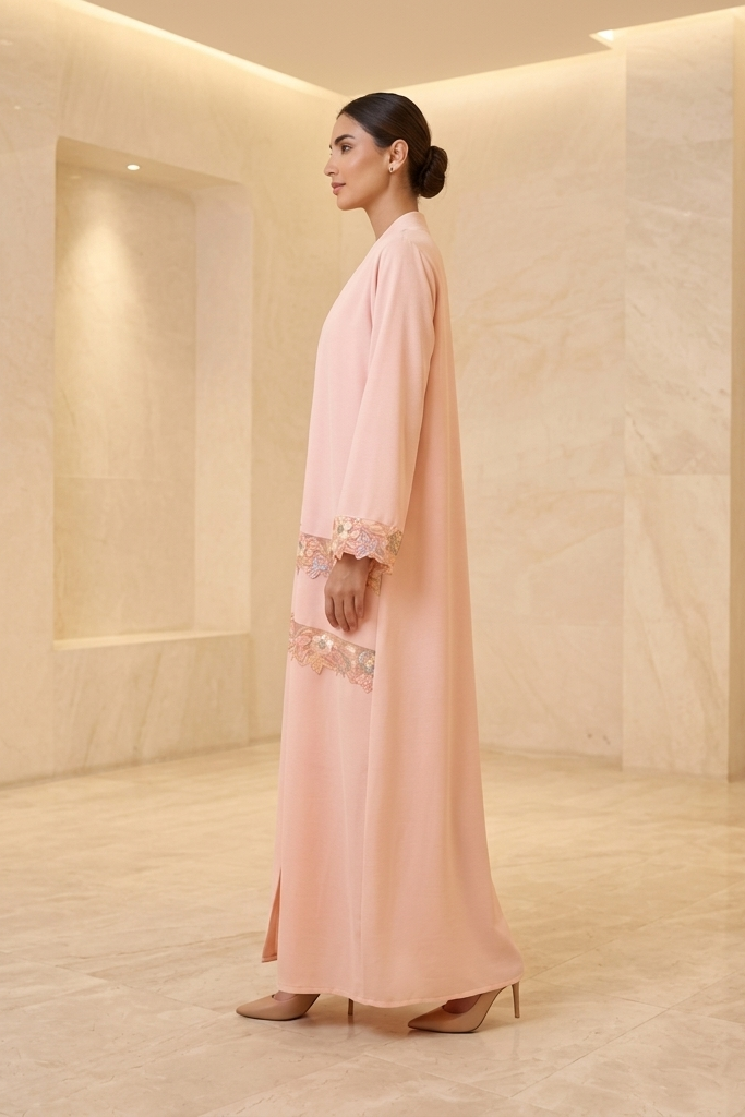 Elegant Peach Floral Embellished Abaya