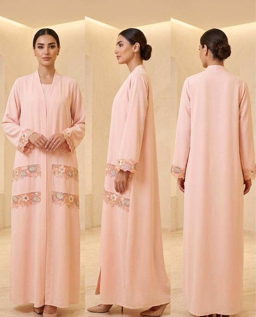 Elegant Peach Floral Embellished Abaya