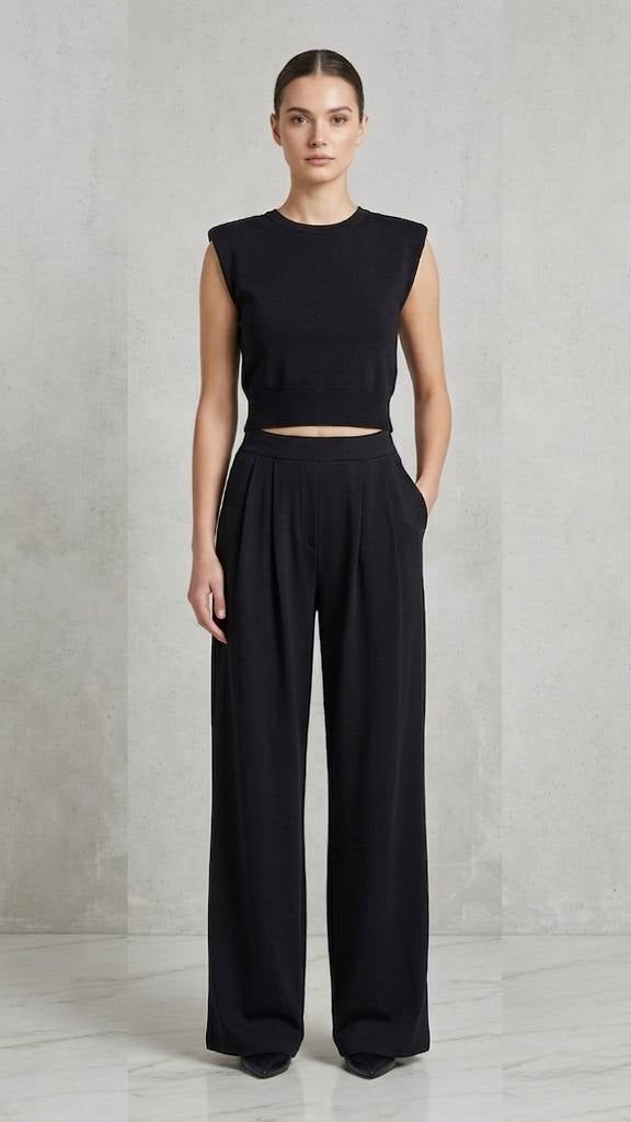 High-Waist Pleated Trousers & Padded Shoulder Knit Top