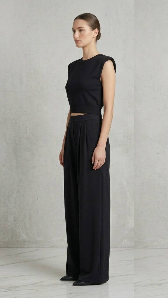 High-Waist Pleated Trousers & Padded Shoulder Knit Top