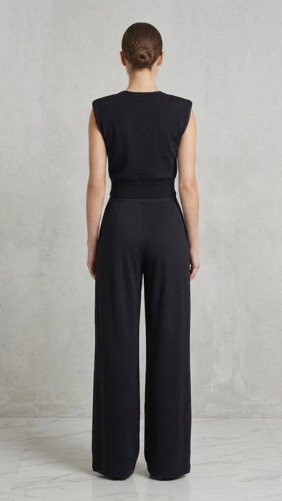 High-Waist Pleated Trousers & Padded Shoulder Knit Top