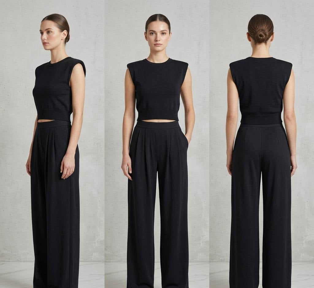 High-Waist Pleated Trousers & Padded Shoulder Knit Top