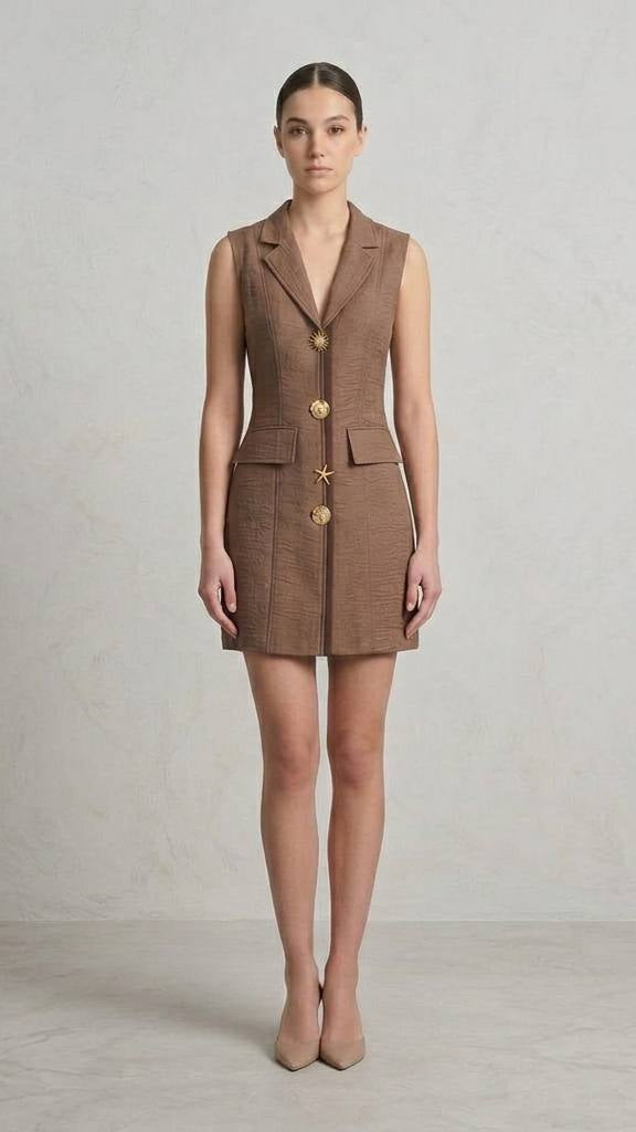 Sleeveless Blazer Dress with Ornate Gold Charms